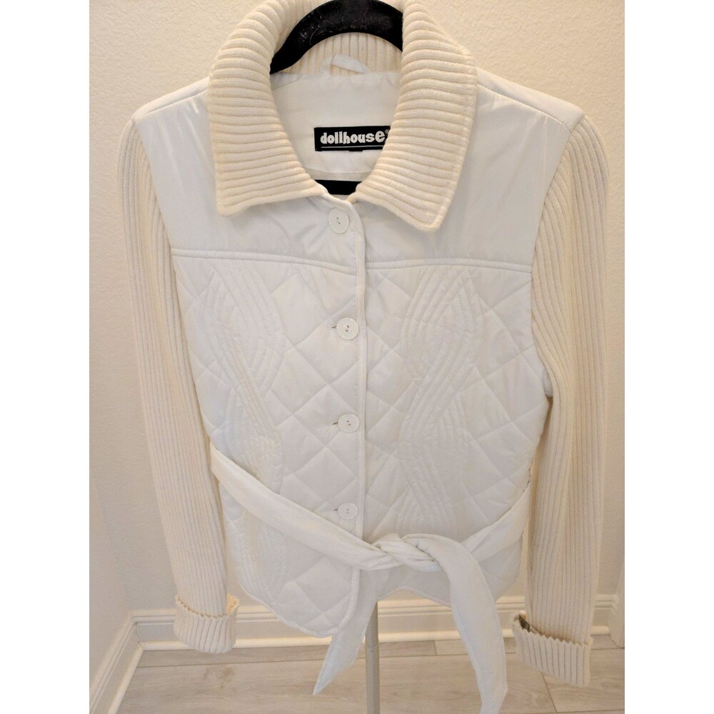 Dollhouse White Quilted M Jacket Ribbed Knit Sleeves Belted Hybrid Belted Womens